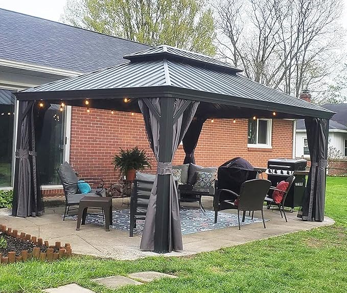 Domi 12'x14' Hardtop Gazebo Canopy,Outdoor Aluminum Gazebo with Galvanized Steel Double Roof,Permanent with Drainage System,Curtain and Netting Included,Grey