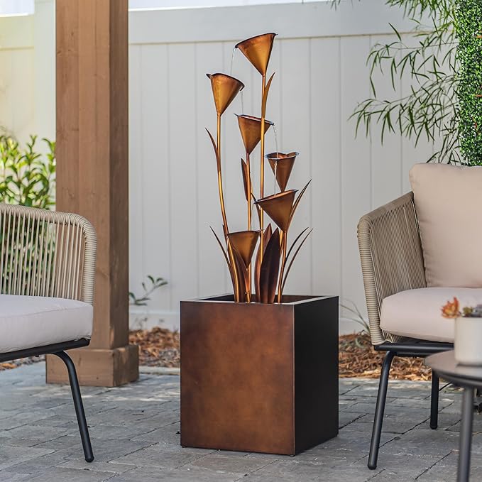 XBrand Metal Sculptural Multi-Tiered Flower Water Fountain, No LED Lights, Bronze, 46" Tall