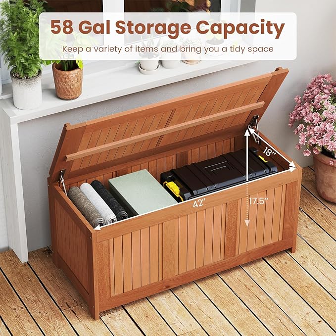 RELAX4LIFE Wood Deck Box, 58 Gallon Backyard Storage Bin Container for Patio Furniture Cushions, Pillows, Garden Tools, Pool Accessories, Wooden Porch Bench, Indoor Outdoor Storage Box (58 Gal)