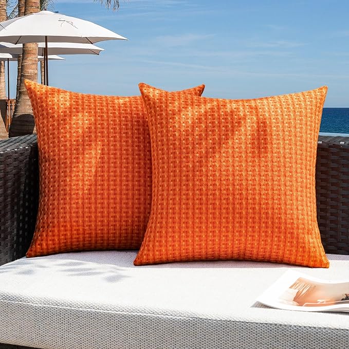 Kevin Textile Fall Outdoor Waterproof Throw Pillow Covers Pack of 2 Weaving Texture Water Resistant Outside Decorative Cushion Covers for Garden Patio Tent Balcony Bench Couch Sofa 18x18 Inch, Orange