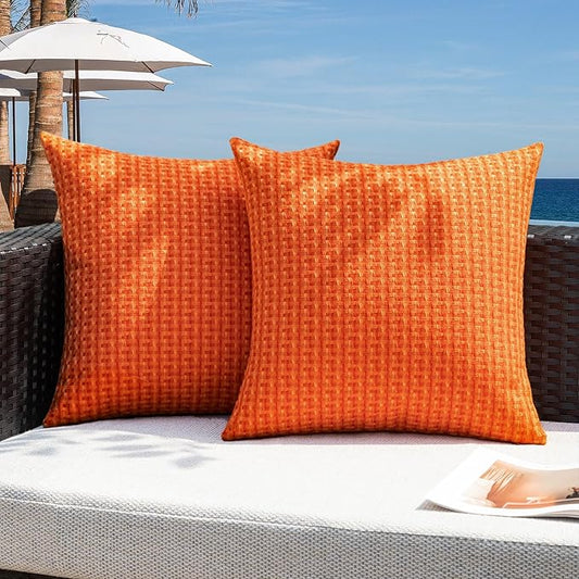 Kevin Textile Fall Outdoor Waterproof Throw Pillow Covers Pack of 2 Weaving Texture Water Resistant Outside Decorative Cushion Covers for Garden Patio Tent Balcony Bench Couch Sofa 16x16 Inch, Orange