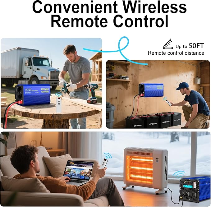 4000W Pure Sine Wave Inverter 24V DC to 110V 120V Power Inverter 7000W Surge Peak Power for 2S, FCC Approved, 4AC Outlets, Fast Charging USB, LCD Display, Wireless Remote for RV Off-Grid Solar Car