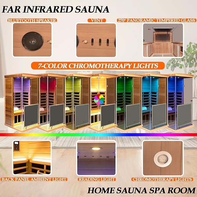 Red Cedar Dry Sauna for Home, Low EMF Far Infrared Indoor Sauna 1 Person 1100W/120V with 6 Carbon Panel Heater & LCD Control Panel & Bluetooth Audio & Chromotherapy Lights & 270° Panoramic Vision