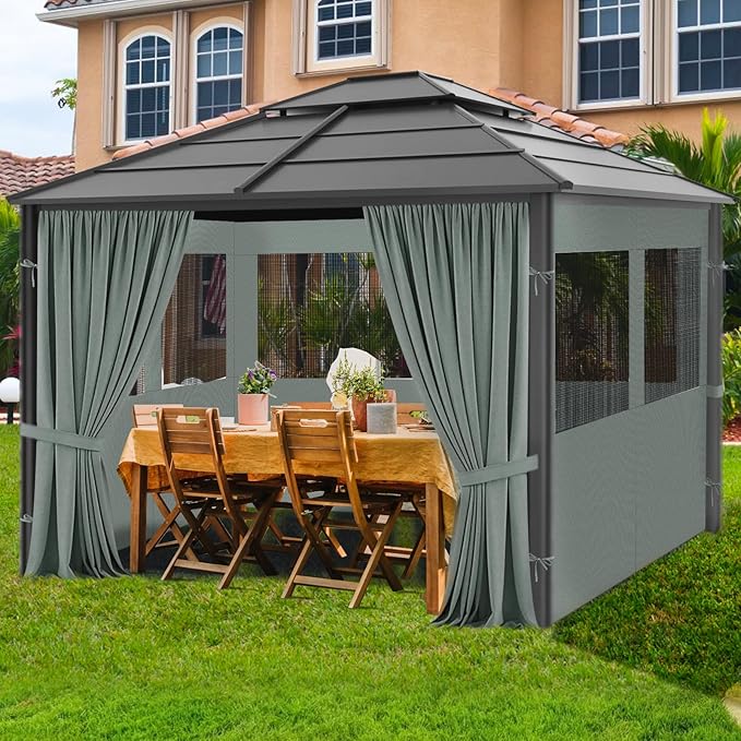 Gazebo Privacy Curtain 10'x10', Replacement Curtains with Mosquito Net Windows, 4-Panels Side Wall, Zippers, Waterproof Outdoor Curtains for Patio, Canopy, Garden and Backyard, Gray (Curtain Only)