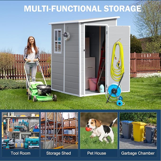 CDCASA 5x4 FT Resin Storage Shed, Waterproof Outdoor Shed with Floor & Window & Lockable Door Included, Outside Plastic Tool Sheds for Garden, Patio, Backyard, Lawn, Light Gray