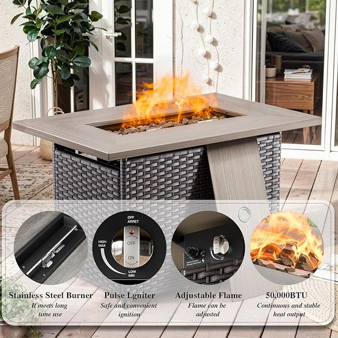 HUMMUH 5 Piece Patio Furniture Set with Fire Pit Table 41in 55,000 BTU,Wicker Outdoor Conversation Sets -Patio Sofa Outdoor Chairs Set of 2 for Porch,Garden,Backyard