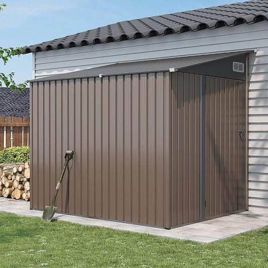 Aoxun 7x5 FT Lean to Shed Garden Metal Storage Shed with Lockable Doors Outdoor Bike Shed for Backyard, Patio, Poolside (Brown)