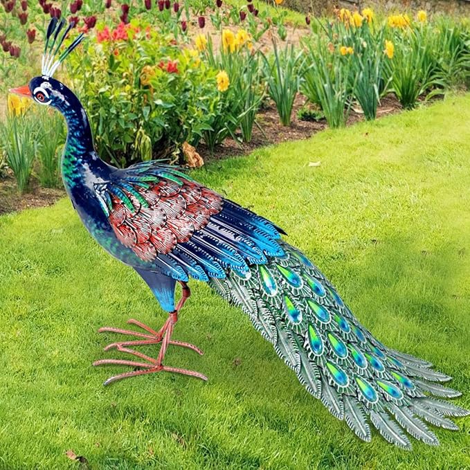 Kircust Metal Peacock Statue for Outdoor Decor - 24" L Elegant Peacock Sculpture for Garden, Patio, Yard, or Home - Weatherproof & Handcrafted Peacock Art