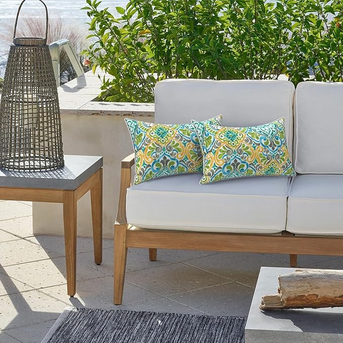 LVTXIII Outdoor Lumbar Pillow Covers 12"x20", Covers ONLY, 2 Pack 30x50cm Lumbar Cushion Cover with White Piping for Home Patio Garden Sofa Bench, Damask Green