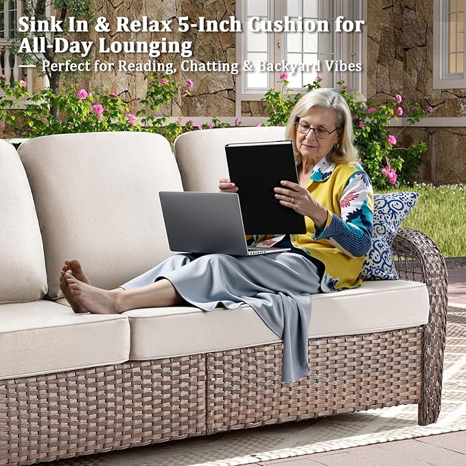 Patio Furniture Set, All Weather 3 Pieces Wicker Outdoor Small Sectional Set, 5" Thick Rattan Conversation Set with 3-seat Sofa and Ottoman for Lawn, Garden, Beige/Brown Wicker