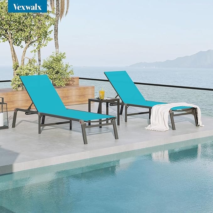 Foldable Pool Lounge Chairs, Aluminum Chaise Lounge Outdoor with 5 Positions Recliner - Free Assembly - Patio Lounge Chair for Poolside, Beach (Lakeblue)