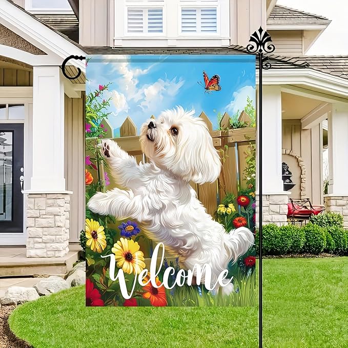 BlissYard Welcome Spring Summer Flowers Maltese Dog Garden Flag Lovely Floral Seasonal Home Decor Banner 12x18 Double Sided Funny Dog Garden Flag Farmhouse Outdoor Yard Decoration Flag