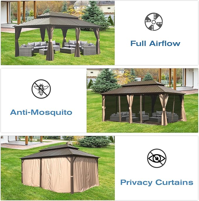 Domi 12' x 20' Hardtop Gazebo Permanent Metal Gazebo with Galvanized Steel Double Roof, Curtains and Netting for Party, Wedding, Outdoor Dining, Patio, Backyard, Brown