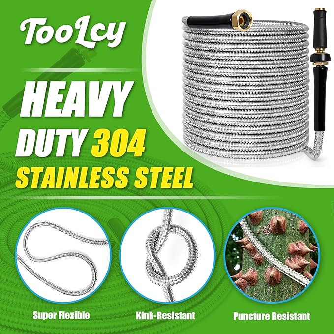 TOOLCY 25 FT Metal Water Hose Stainless Steel Garden Hose with Brass Nozzle - Heavy Duty, No Kink, All Weather, Super Flexible Garden Hoses for Outdoor, Lawn