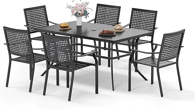 Sophia & William Patio Table and Chairs Set, Outdoor Dining Set for 6, 7 Piece Metal Patio Furniture, 60" Black Rectangular Table(Beehive)
