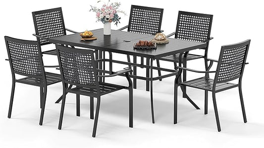 Sophia & William Patio Table and Chairs Set, Outdoor Dining Set for 6, 7 Piece Metal Patio Furniture, 60" Black Rectangular Table(Beehive)