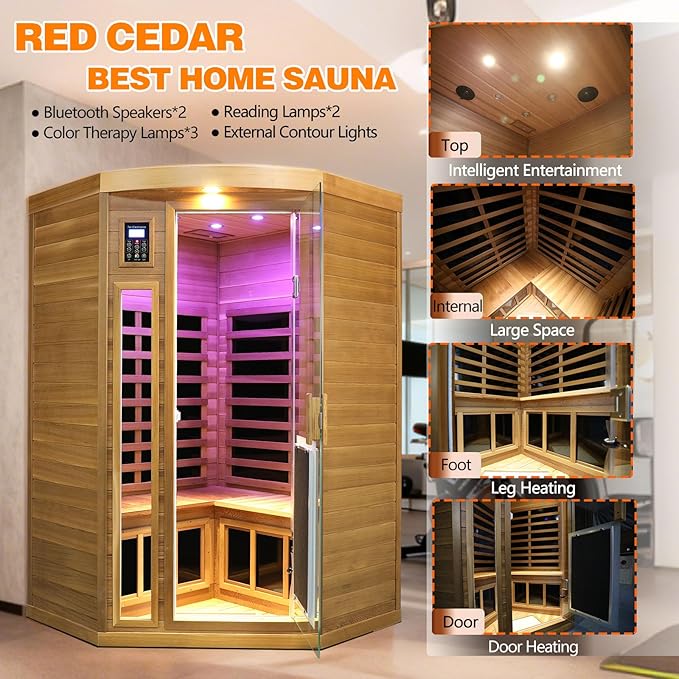 2-3 Person Corner Far Infrared Sauna for Home, 1760W Ultra-Low EMF（0-1mG） Indoor Red Cedar Wood Sauna Room with 8 Heating Panels, Dual Control Panel, Bluetooth Speaker & Chromotherapy Lights