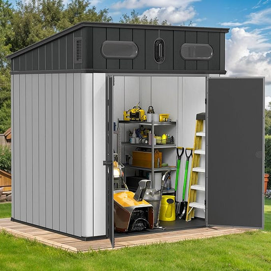 DWVO 6x6 FT Outdoor Storage Shed, All-Weather Resin Garden Tool Shed with Floor & Lockable Door, Plastic Outside Tool Garden Shed with Windows & Vents for Backyard Garden Patio Lawn, Black&Gray