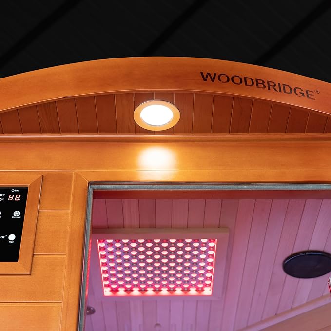 Woodbridge Infrared Sauna Room 2 Person Hemlock Wood Indoor Corner Sauna with 7 Carbon Heaters, Red Light Therapy,Bluetooth Speaker,Intelligent Dual Control System,Tempered Glass,Exterior Brim Light