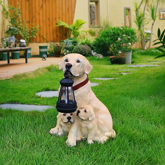 Labrador Retriever Outdoor Dog Family Statue with Reversible “Welcome/ON Patrol” Hanging Plaque and Solar Lantern, Yellow Mom with Two Puppies, Sitting Yard Greeter