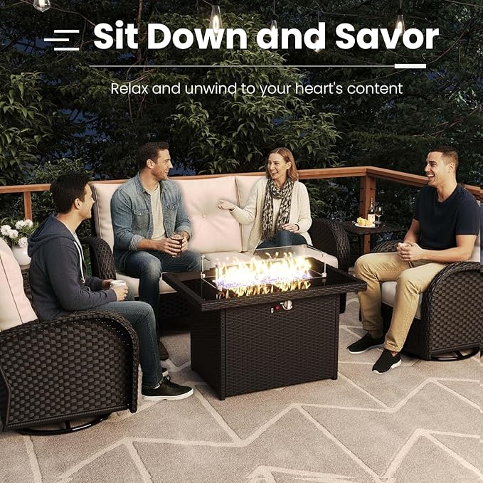 7 Pieces Patio Furniture Sets with Fire Pit Table, Wicker Rattan High Back Outdoor Swivel Rocking Chairs Set with Side Table