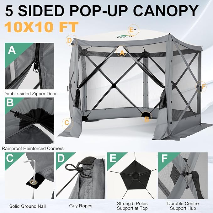 COBIZI 10x10 Pop up Gazebo Screen House Tent for Camping, Pop-up Camping Canopy with Mesh Windows,Portable Outdoor Quick-Set Hub Tent with Carrying Bag&Ground Stakes,Gray(Upgraded 2.0)