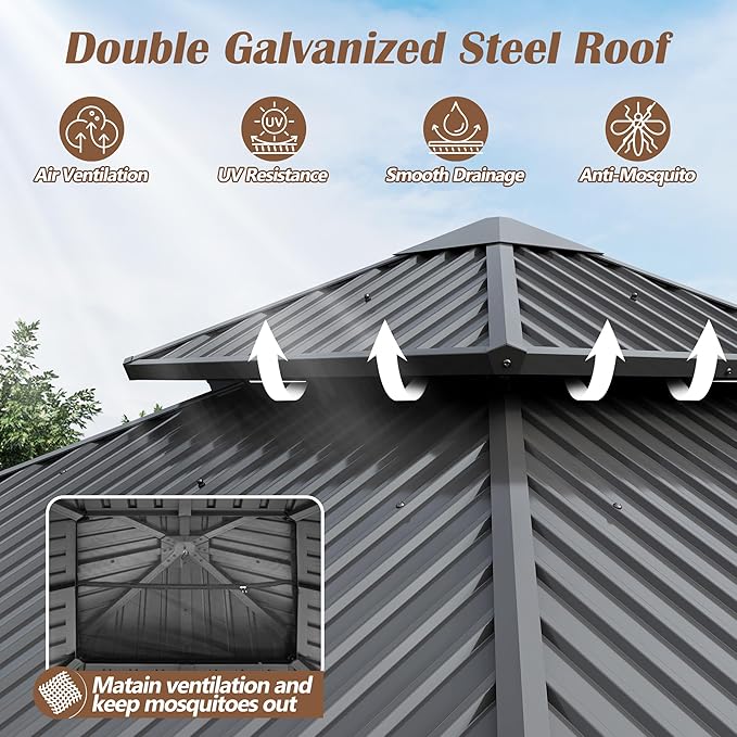 10 x10FT Wood Gazebo,Outdoor Wooden Hardtop Gazebo with Galvanized Steel Doule Roof,Cedar Wood Frame Gazebos with Netting &Curtainfor Patio Backyard Deck