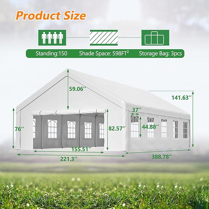 20x40FT Heavy Duty Party Tent, Large Outdoor Canopy with Removable Sidewalls & 3 Carry Bags, Commercial White Gazebo for Wedding, Event, Camping, Garden Patio