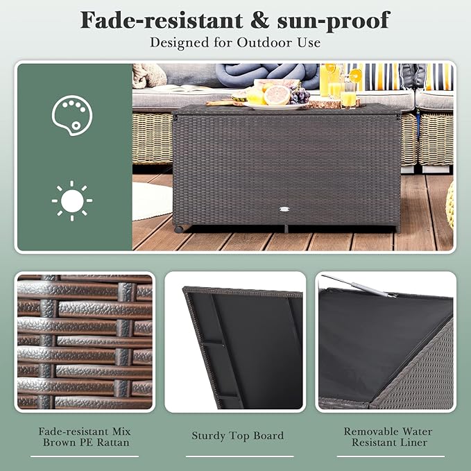 Giantex Wicker Outdoor Deck Box - 133 Gallon Storage Box with Lid, Waterproof Liner and Universal Wheels, PE Rattan Storage Container for Cushions, Gardening Tools, Patio Storage, Brown