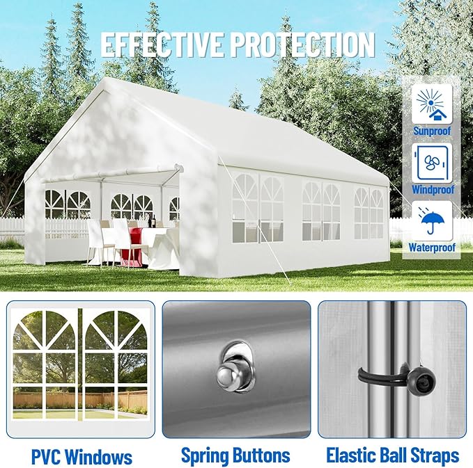 20'X20' Party Tent with Removable Sidewall Windows, Outdoor Heavy Duty Wedding Gazebo, Event Shelter Wedding Canopy Tent for Parties Carport BBQ, White & Straight Edge