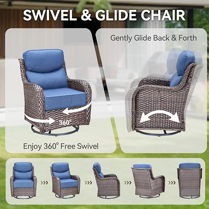 HUMMUH Outdoor Patio Wicker Swivel Rocker Chairs with 6-Inch Thick Cushion High Back 3 PCS Wicker Conversation Set for Porch Balcony Deck
