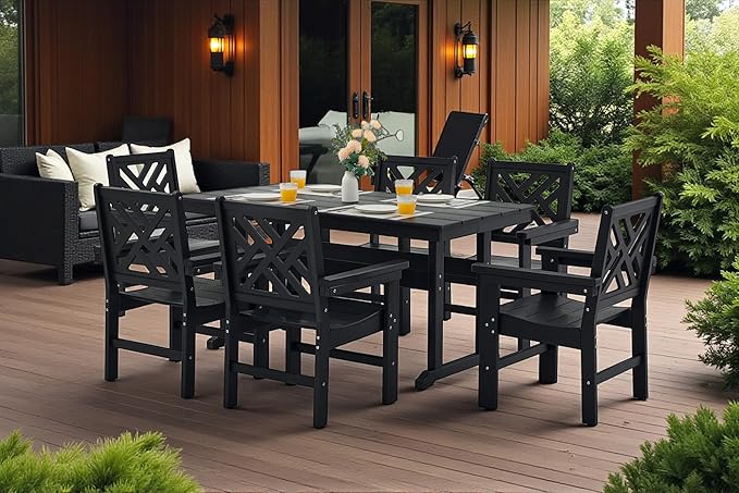 7 Piece HDPE Outdoor Dining Set for 6, Patio DHPE Furniture Set with Umberlla Hole, Weather Resistent Outdoor Table and Chairs for Garden, Poolside, Backyard, Deck, Black