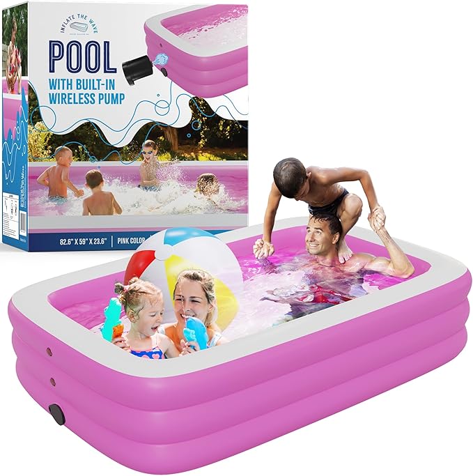 Pink Inflatable Swimming Pool (82.6'' x 59'' x 23.6'') Built-in Air Pump Inflatable Kiddie Pool, Family Pools for Kids and Adults - Self Inflating Backyard Blow Up Pool for Toddlers & Babies (Medium)