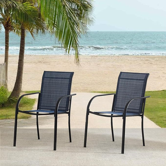 Outdoor Dining Chairs Set of 2, Stackable Patio Chairs with Textilene Fabric, Lightweight Garden Chairs for Poolside, Backyard, Camping, Dark Blue