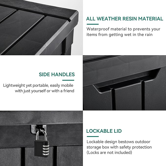 YITAHOME Deck Box, 51 Gallon Weatherproof Outdoor Storage Container for Patio Cushions, Pool Supplies, Garden Tools, Lockable Lid and Side Handles, Black
