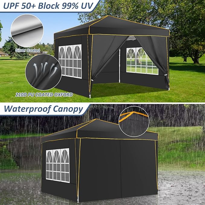 COBIZI 10x10 Pop Up Canopy with 4 Sidewalls and 4 Sandbags UV Protection 50+ Camping Commercial Wedding Portable Tent for Backyard, Black