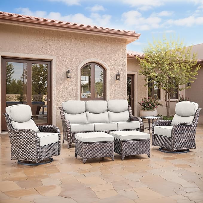 Swivel Patio Chairs sofa Set of 6 - 6" Thick Cushion - Wicker Outdoor Swivel Rocker Patio Chair ,Sofa/Glass coffee table, High Back Comfortable Outdoor Glider Chairs - Brown Wicker | Beige Cushions