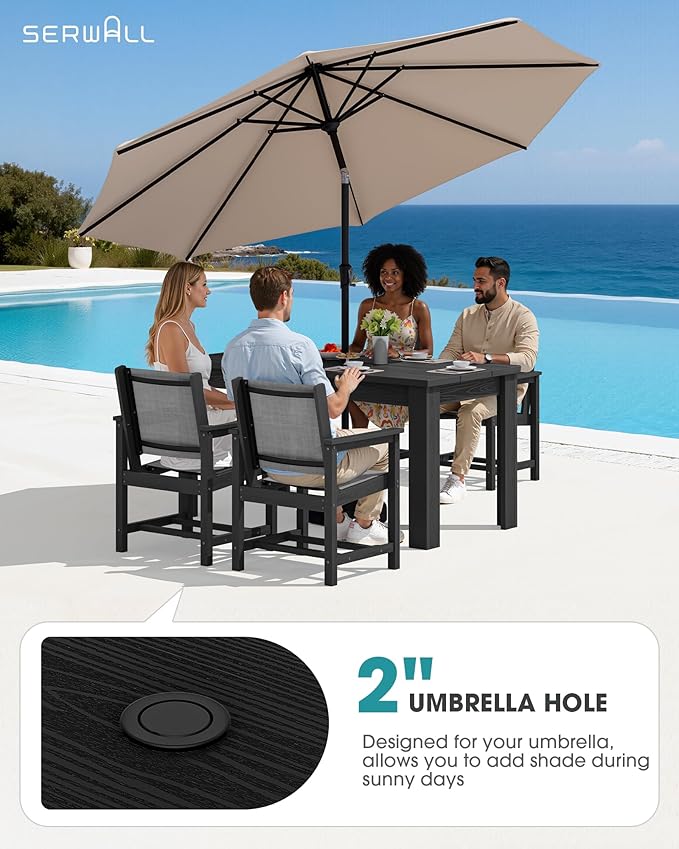 SERWALL Outdoor Dining Sets for 4 with 1 Umbrella Hole Cut-Out Rectangular Table and 4 Textilene Chairs, Patio Dining Table Sets for Garden, Backyard, Poolside, Black