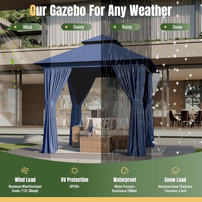 AOXUN Outdoor Gazebo for Patio 8x8, Metal Frame Canopy with Double Roofs, Heavy Duty Party Tent and Shelter with Mosquito Netting and Privacy Screen for Garden,Backyard, Lawn, Deck (Navy)