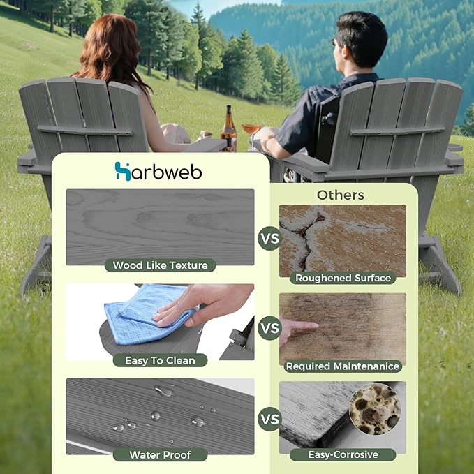 Folding Adirondack Chair Wood Texture 6 Pack, HDPE All-Weather Fire Pit Chairs, Plastic Adirondack Chairs with 2 Cup Holder, Outdoor Lawn Chair for Patio Garden (Grey)