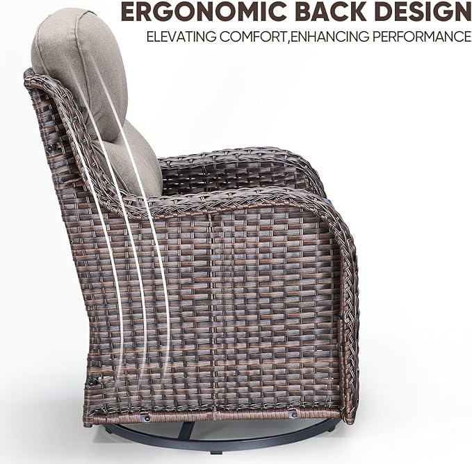 Swivel Patio Chairs sofa Set of 6 - 6" Thick Cushion - Wicker Outdoor Swivel Rocker Patio Chair ,Sofa/Glass coffee table, High Back Comfortable Outdoor Glider Chairs - Brown Wicker Grey Cushions