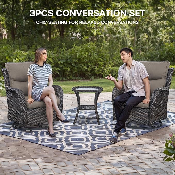 Patio Conversation Set with Smile-Shaped Cushions, Luxury Outdoor Swivel Chairs with Side Table and Ottomans, 5PCS PE Rattan Swivel Glider Chairs Set, Brown Wicker|Grey Cushions