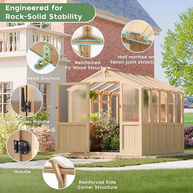 6*8 FT Wood Outdoor Greenhouse Kit, Greenhouses for Outdoors Heavy Duty with Adjustable Roof Vent and Shelves, Walk in Polycarbonate Greenhouse for Outside Garden & Backyard, Light Honey