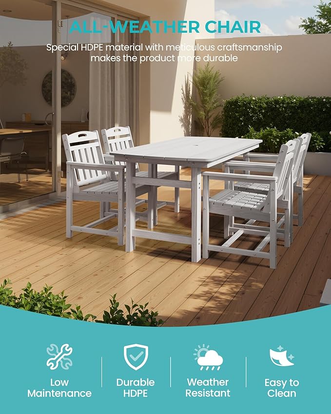 5-Piece Outdoor Dining Furniture Set with Chairs, All-Weather HDPE Patio Table and 4 Chairs, Umbrella Hole, for Garden Backyard or Deck - White