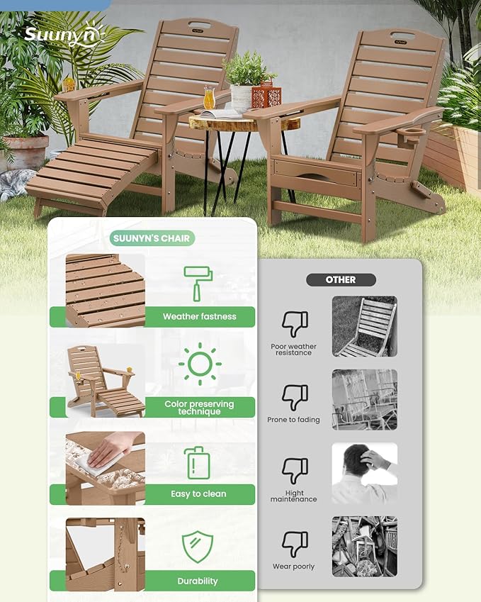 Folding Adirondack Chairs Set of 4,Adirondack Chair with Retractable Ottoman,Plastic Adirondack Chairs with 2 Cup Holder,Weather Resistant Patio Chair,Outdoor Chairs Set of 4(Teak)