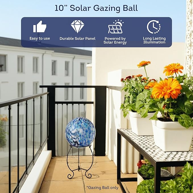 Lily's Home Gazing Ball - 10" Glass Globe with Solar Powered Lights - Outdoor Solar Lights for Yard & Patio - Garden Decor - Automatic On/Off Photosensitive Switch - Battery Included