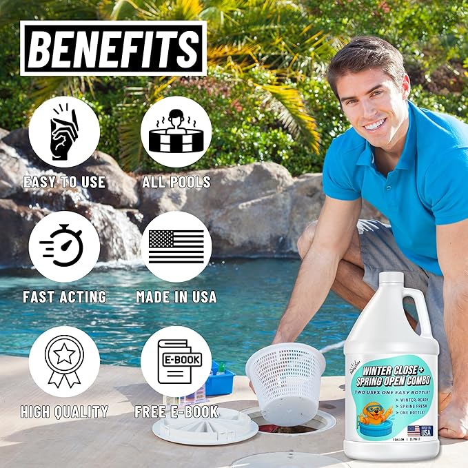 Pool Winter + Spring All-in-One Combo - Pool Closing Kit for Above Ground & Inground Pools, Spring Pool Opening Kit, Pool Winterizing Kit, Pool Chemicals 1 Gallon