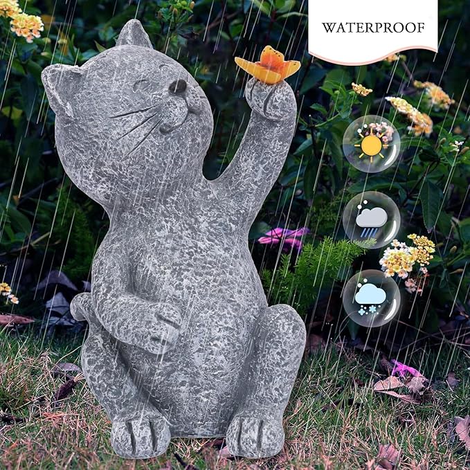 Solar Garden Statue Cat Garden Figurines Cat Garden Statue Outdoor Decor, Solar Powered Resin Sculpture with Butterfly Light Art Decoration for Patio Lawn Yard Porch, Housewarming Garden Gift