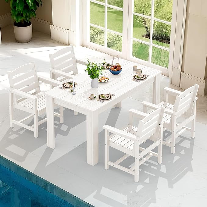 SERWALL Patio Dining Set for 4, Outdoor Dining Sets for 4 Person with 1 Umbrella Hole Cut-Out Rectangular Table and 4 Chairs, HDPE Dining Sets for Garden, Backyard, Poolside, White