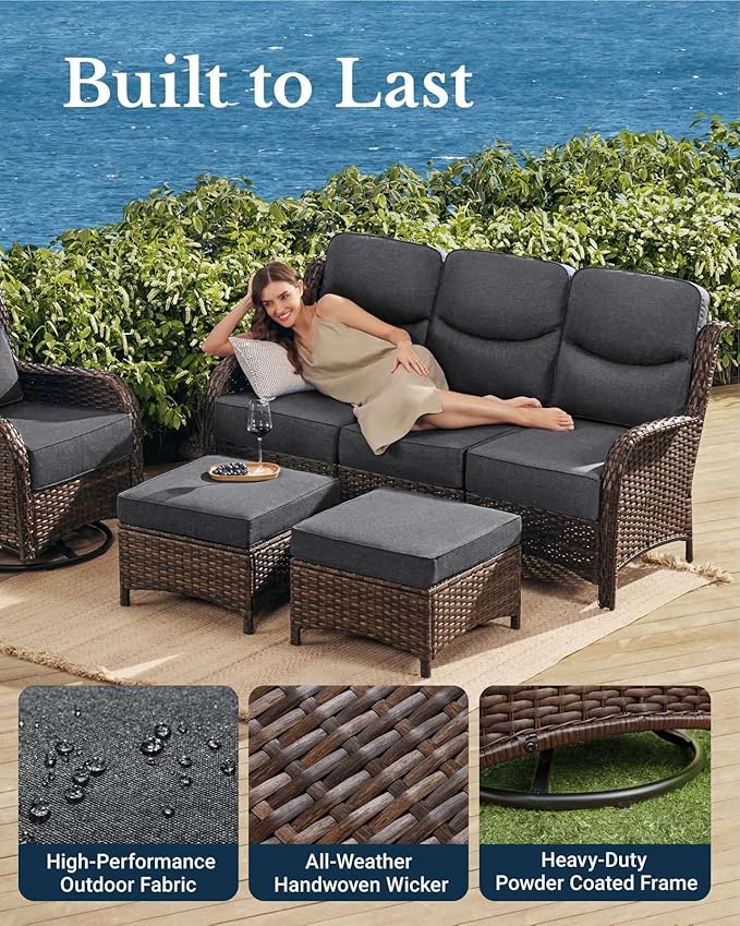 HILLGA Luxury Patio Furniture Set with 6-inch Thick Cushion, Outdoor Couch and High Back Swivel Rocker Patio Chairs, 11PCS Wicker Conversation Set for Deck Yard and Poolside, Dark Grey (V2)
